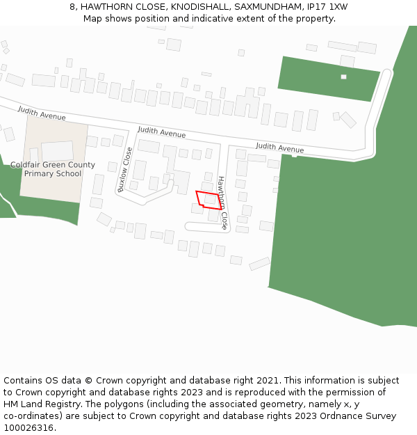 8, HAWTHORN CLOSE, KNODISHALL, SAXMUNDHAM, IP17 1XW: Location map and indicative extent of plot