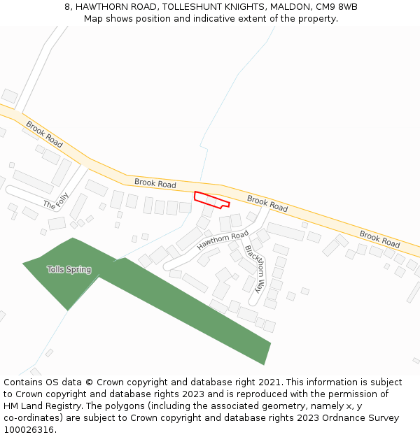 8, HAWTHORN ROAD, TOLLESHUNT KNIGHTS, MALDON, CM9 8WB: Location map and indicative extent of plot