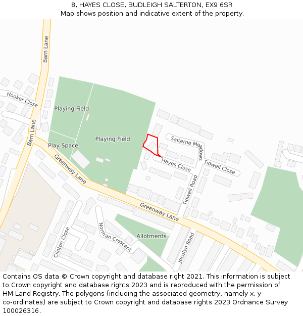 8, HAYES CLOSE, BUDLEIGH SALTERTON, EX9 6SR: Location map and indicative extent of plot