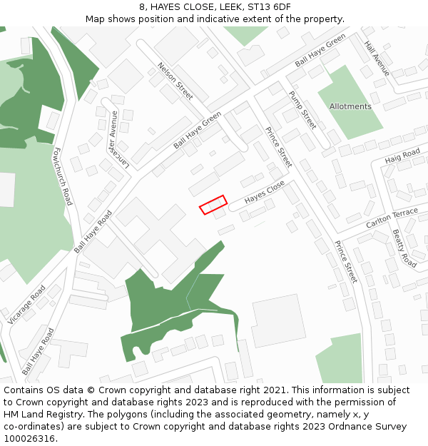 8, HAYES CLOSE, LEEK, ST13 6DF: Location map and indicative extent of plot