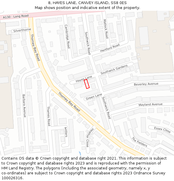 8, HAYES LANE, CANVEY ISLAND, SS8 0ES: Location map and indicative extent of plot
