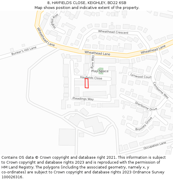 8, HAYFIELDS CLOSE, KEIGHLEY, BD22 6SB: Location map and indicative extent of plot