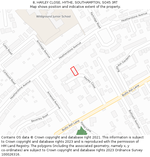 8, HAYLEY CLOSE, HYTHE, SOUTHAMPTON, SO45 3RT: Location map and indicative extent of plot