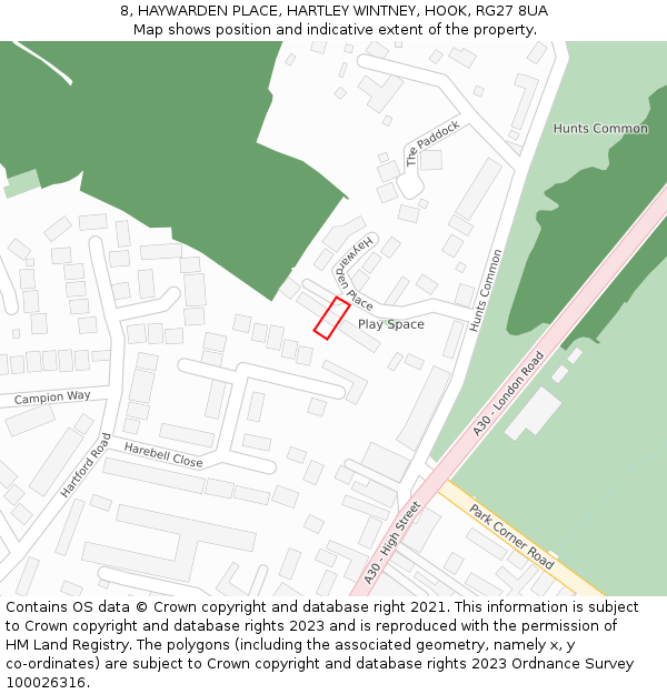 8, HAYWARDEN PLACE, HARTLEY WINTNEY, HOOK, RG27 8UA: Location map and indicative extent of plot