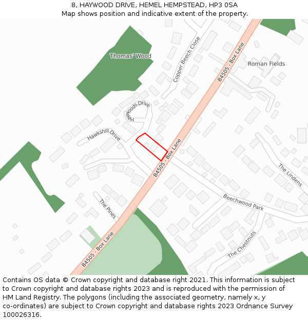 8, HAYWOOD DRIVE, HEMEL HEMPSTEAD, HP3 0SA: Location map and indicative extent of plot