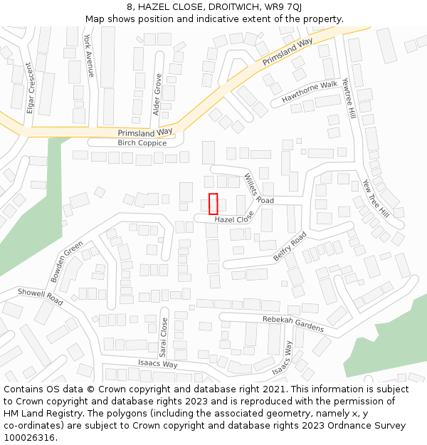 8, HAZEL CLOSE, DROITWICH, WR9 7QJ: Location map and indicative extent of plot