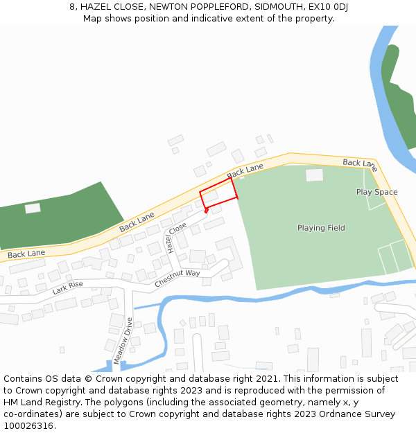 8, HAZEL CLOSE, NEWTON POPPLEFORD, SIDMOUTH, EX10 0DJ: Location map and indicative extent of plot