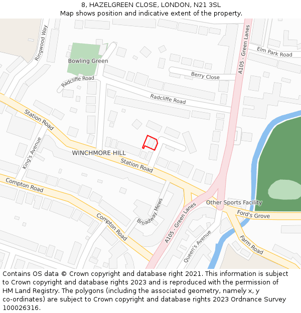 8, HAZELGREEN CLOSE, LONDON, N21 3SL: Location map and indicative extent of plot