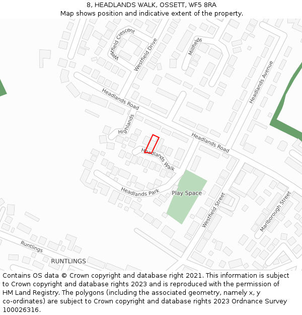 8, HEADLANDS WALK, OSSETT, WF5 8RA: Location map and indicative extent of plot