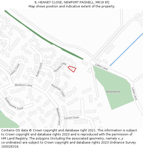 8, HEANEY CLOSE, NEWPORT PAGNELL, MK16 8TJ: Location map and indicative extent of plot