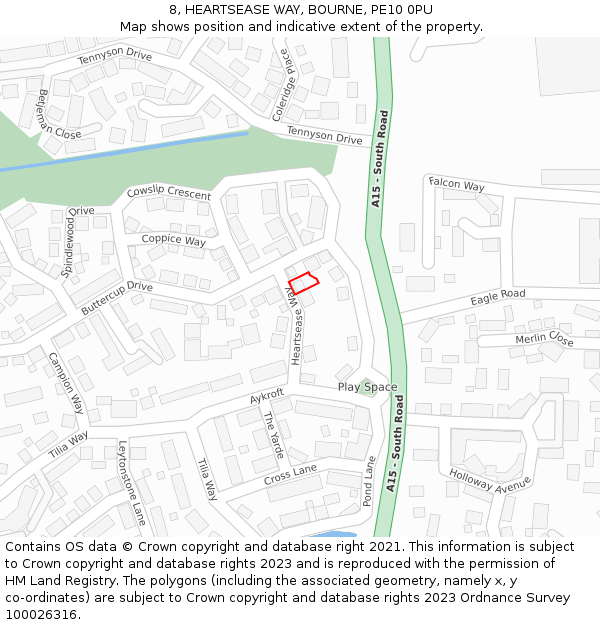 8, HEARTSEASE WAY, BOURNE, PE10 0PU: Location map and indicative extent of plot