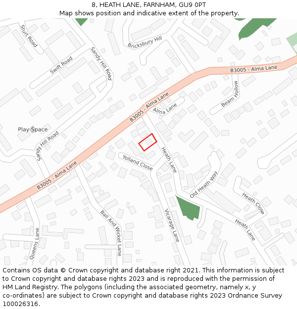 8, HEATH LANE, FARNHAM, GU9 0PT: Location map and indicative extent of plot