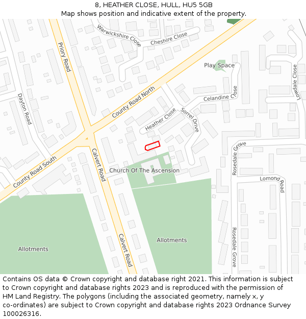 8, HEATHER CLOSE, HULL, HU5 5GB: Location map and indicative extent of plot