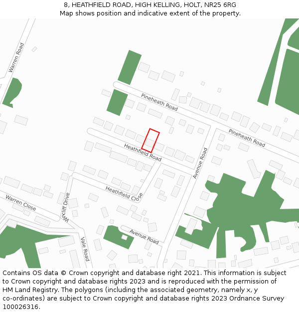 8, HEATHFIELD ROAD, HIGH KELLING, HOLT, NR25 6RG: Location map and indicative extent of plot