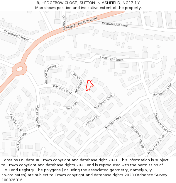 8, HEDGEROW CLOSE, SUTTON-IN-ASHFIELD, NG17 1JY: Location map and indicative extent of plot