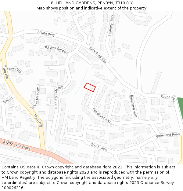 8, HELLAND GARDENS, PENRYN, TR10 8LY: Location map and indicative extent of plot