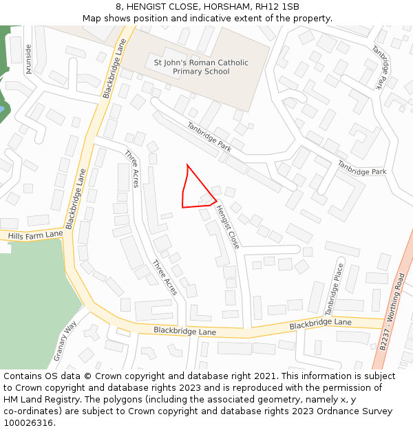 8, HENGIST CLOSE, HORSHAM, RH12 1SB: Location map and indicative extent of plot