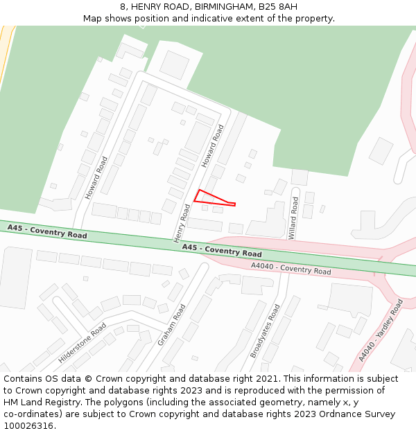 8, HENRY ROAD, BIRMINGHAM, B25 8AH: Location map and indicative extent of plot