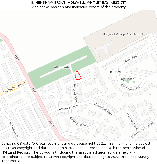 8, HENSHAW GROVE, HOLYWELL, WHITLEY BAY, NE25 0TT: Location map and indicative extent of plot