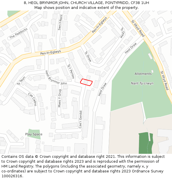 8, HEOL BRYNMOR JOHN, CHURCH VILLAGE, PONTYPRIDD, CF38 1UH: Location map and indicative extent of plot