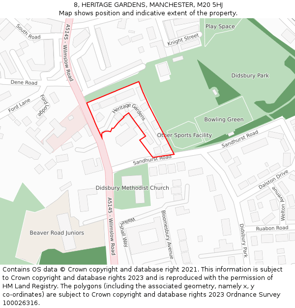 8, HERITAGE GARDENS, MANCHESTER, M20 5HJ: Location map and indicative extent of plot