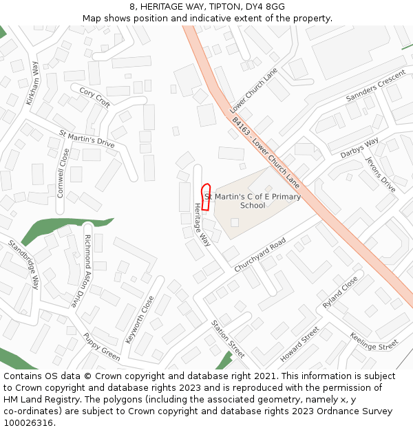 8, HERITAGE WAY, TIPTON, DY4 8GG: Location map and indicative extent of plot