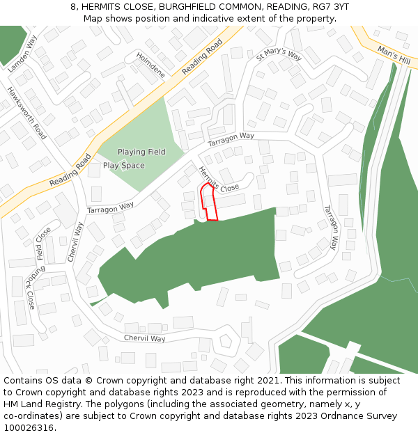 8, HERMITS CLOSE, BURGHFIELD COMMON, READING, RG7 3YT: Location map and indicative extent of plot