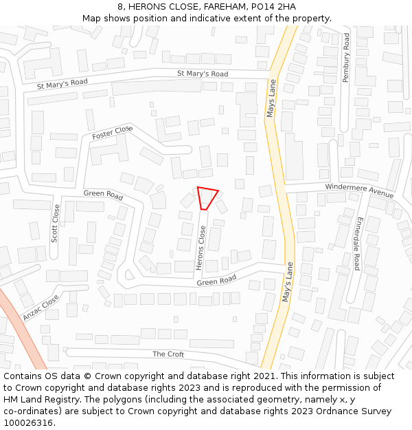 8, HERONS CLOSE, FAREHAM, PO14 2HA: Location map and indicative extent of plot