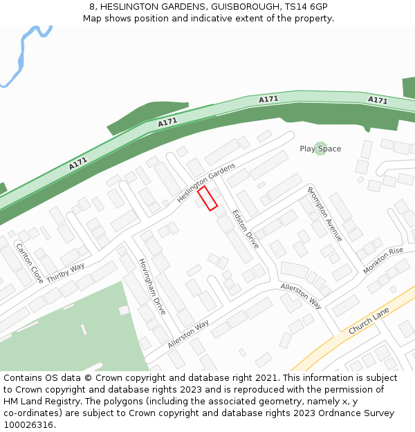 8, HESLINGTON GARDENS, GUISBOROUGH, TS14 6GP: Location map and indicative extent of plot