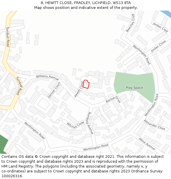 8, HEWITT CLOSE, FRADLEY, LICHFIELD, WS13 8TA: Location map and indicative extent of plot