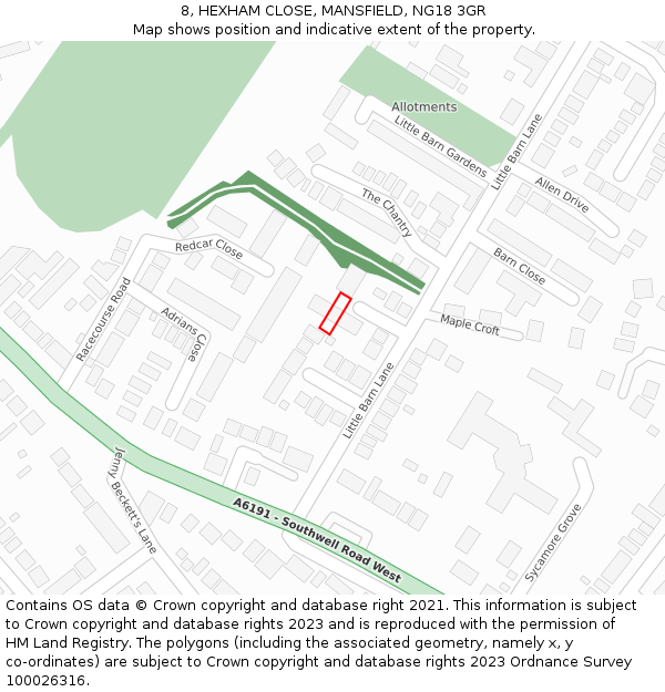 8, HEXHAM CLOSE, MANSFIELD, NG18 3GR: Location map and indicative extent of plot