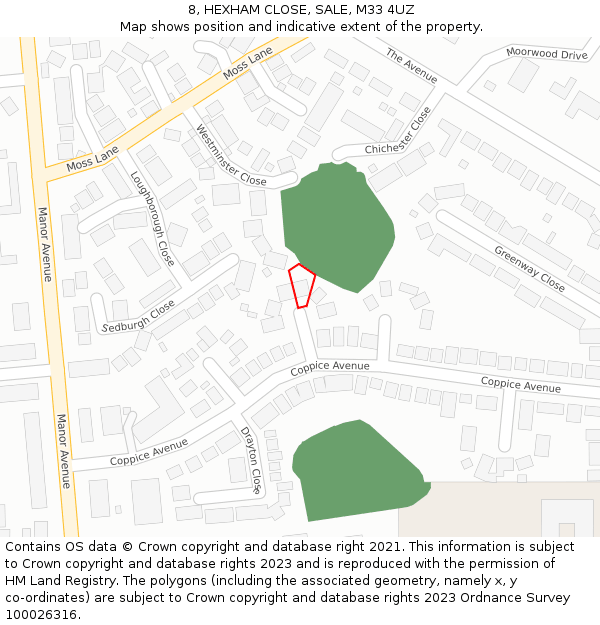 8, HEXHAM CLOSE, SALE, M33 4UZ: Location map and indicative extent of plot