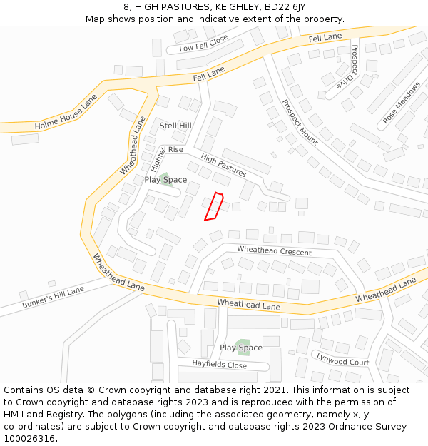 8, HIGH PASTURES, KEIGHLEY, BD22 6JY: Location map and indicative extent of plot