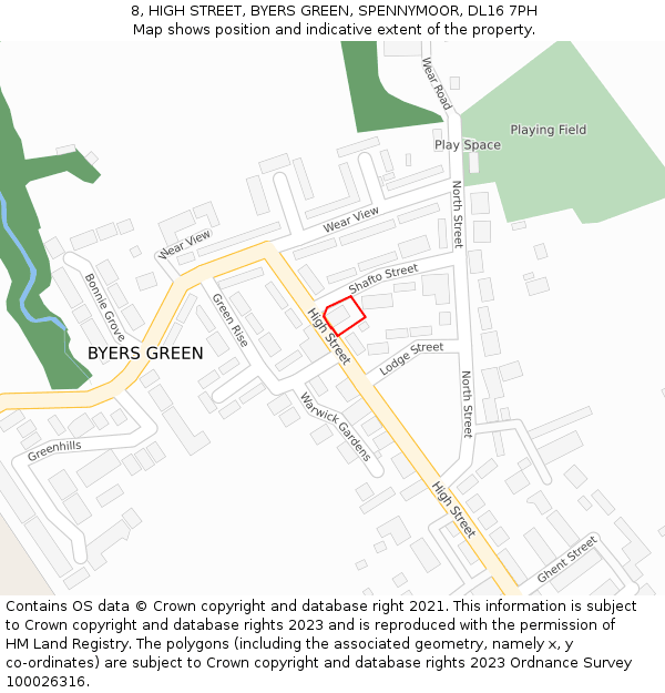 8, HIGH STREET, BYERS GREEN, SPENNYMOOR, DL16 7PH: Location map and indicative extent of plot