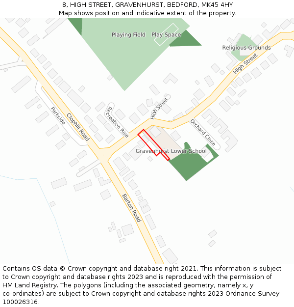 8, HIGH STREET, GRAVENHURST, BEDFORD, MK45 4HY: Location map and indicative extent of plot