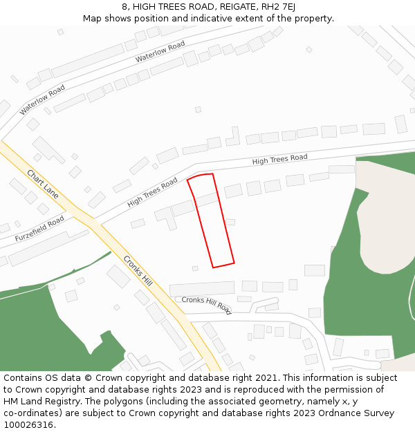 8, HIGH TREES ROAD, REIGATE, RH2 7EJ: Location map and indicative extent of plot