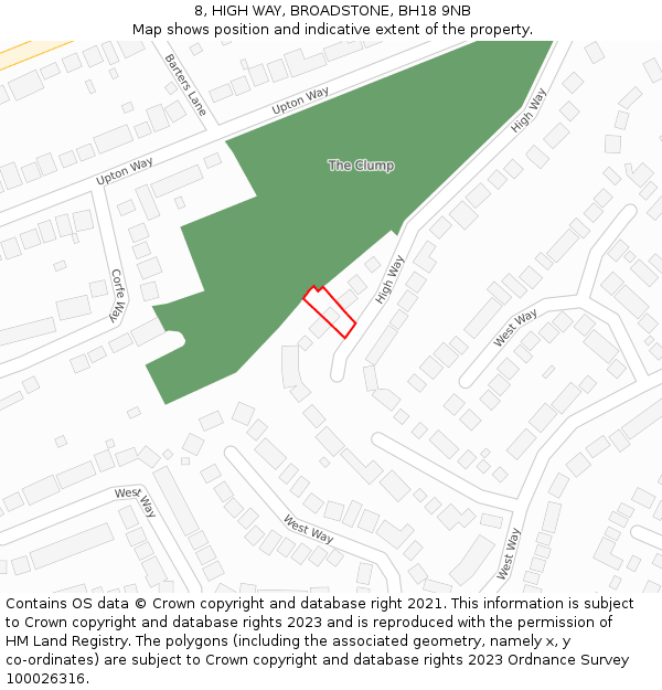 8, HIGH WAY, BROADSTONE, BH18 9NB: Location map and indicative extent of plot