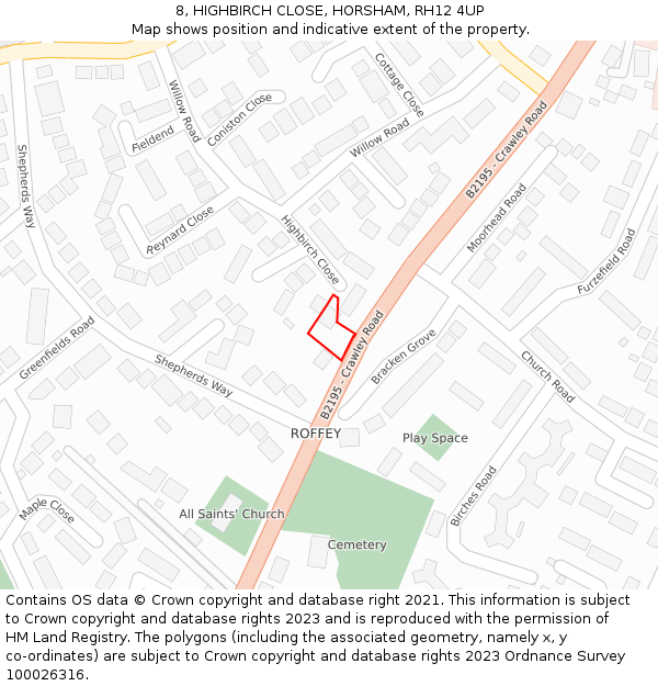 8, HIGHBIRCH CLOSE, HORSHAM, RH12 4UP: Location map and indicative extent of plot