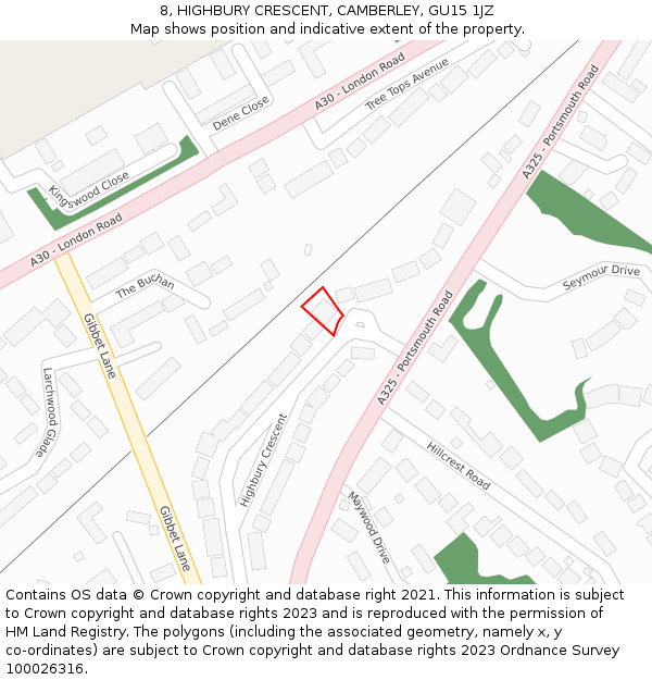 8, HIGHBURY CRESCENT, CAMBERLEY, GU15 1JZ: Location map and indicative extent of plot