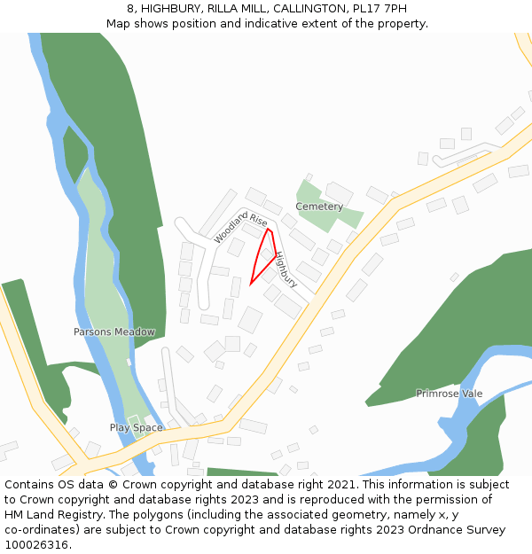 8, HIGHBURY, RILLA MILL, CALLINGTON, PL17 7PH: Location map and indicative extent of plot