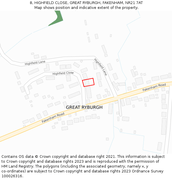 8, HIGHFIELD CLOSE, GREAT RYBURGH, FAKENHAM, NR21 7AT: Location map and indicative extent of plot