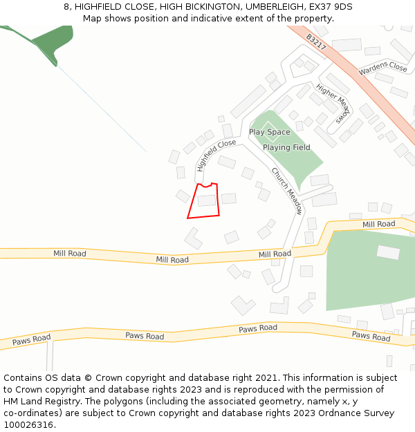 8, HIGHFIELD CLOSE, HIGH BICKINGTON, UMBERLEIGH, EX37 9DS: Location map and indicative extent of plot