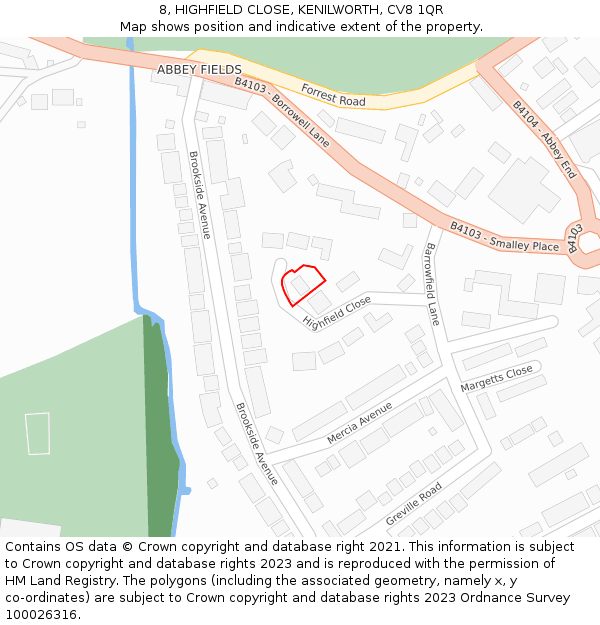 8, HIGHFIELD CLOSE, KENILWORTH, CV8 1QR: Location map and indicative extent of plot