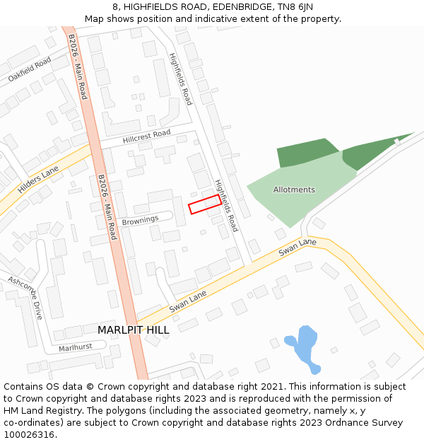 8, HIGHFIELDS ROAD, EDENBRIDGE, TN8 6JN: Location map and indicative extent of plot