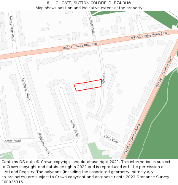 8, HIGHGATE, SUTTON COLDFIELD, B74 3HW: Location map and indicative extent of plot