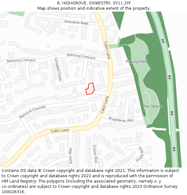 8, HIGHGROVE, OSWESTRY, SY11 2YF: Location map and indicative extent of plot