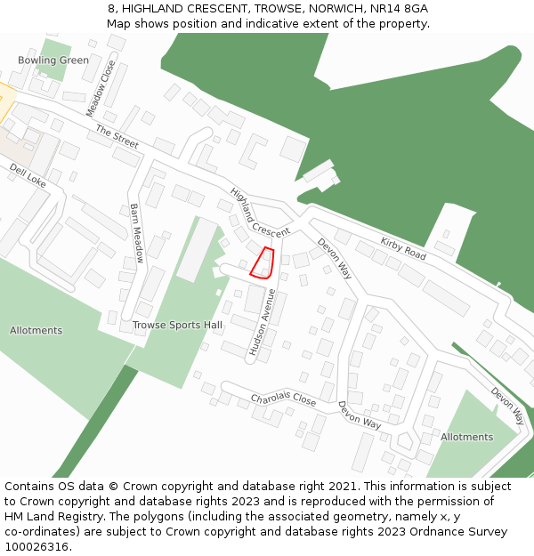 8, HIGHLAND CRESCENT, TROWSE, NORWICH, NR14 8GA: Location map and indicative extent of plot