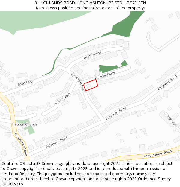 8, HIGHLANDS ROAD, LONG ASHTON, BRISTOL, BS41 9EN: Location map and indicative extent of plot