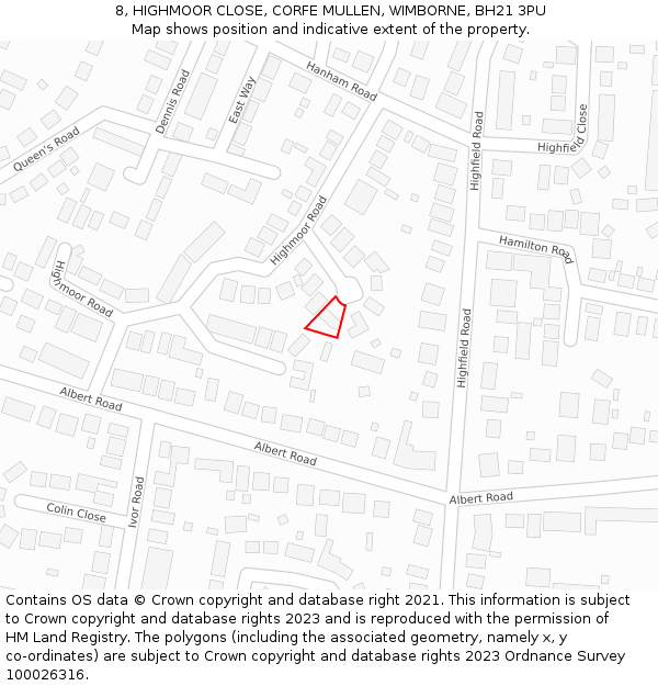 8, HIGHMOOR CLOSE, CORFE MULLEN, WIMBORNE, BH21 3PU: Location map and indicative extent of plot