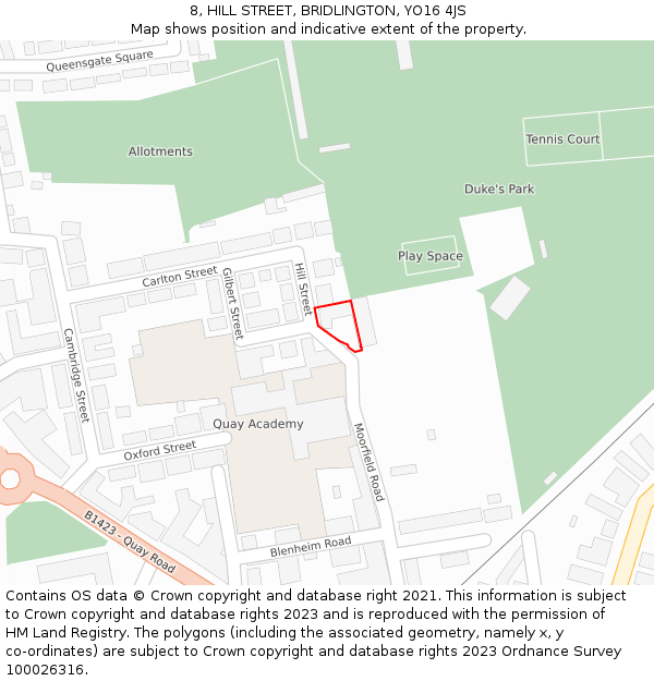 8, HILL STREET, BRIDLINGTON, YO16 4JS: Location map and indicative extent of plot